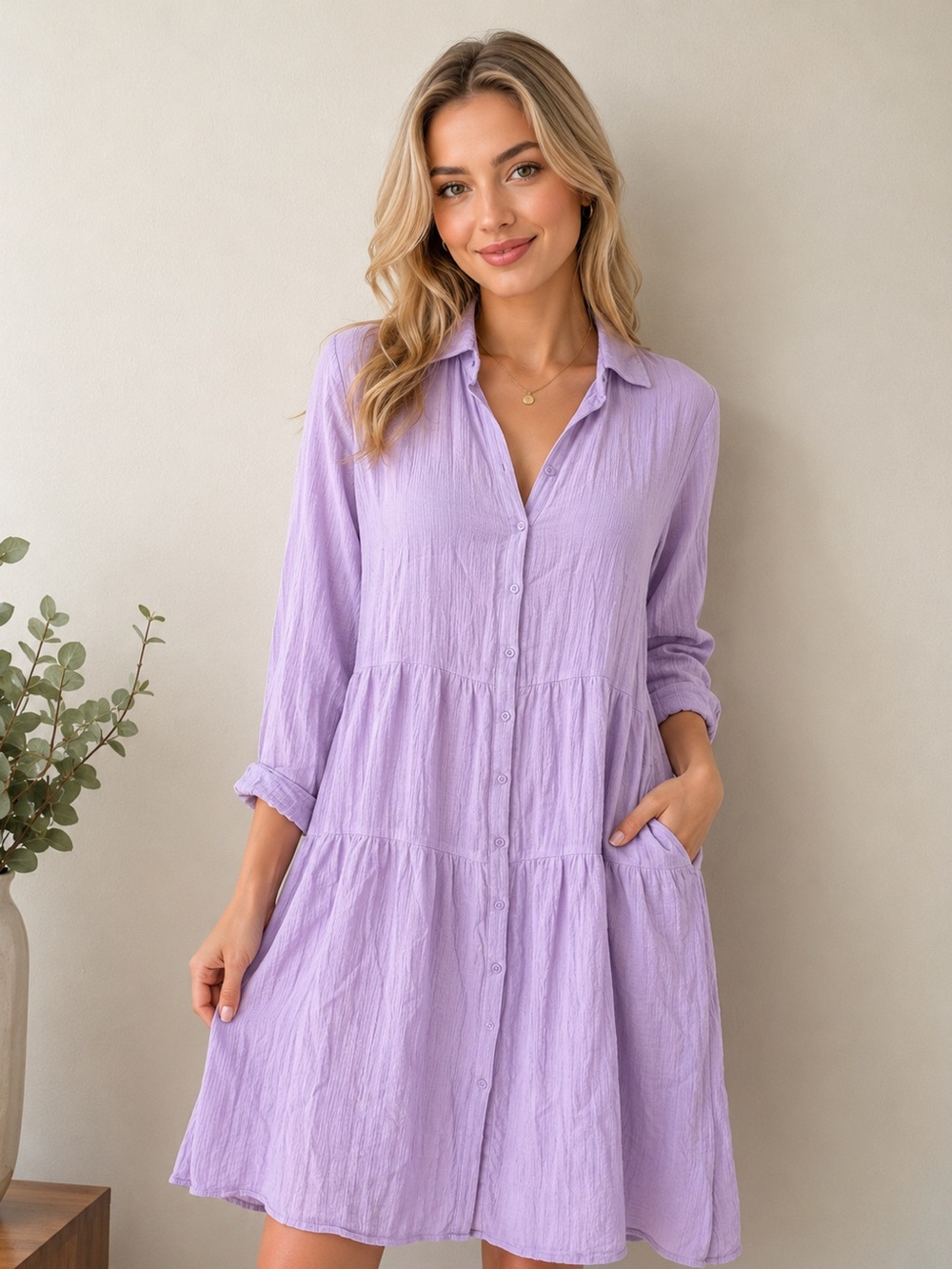 Lavender Button Front Tiered Shirt Dress XL